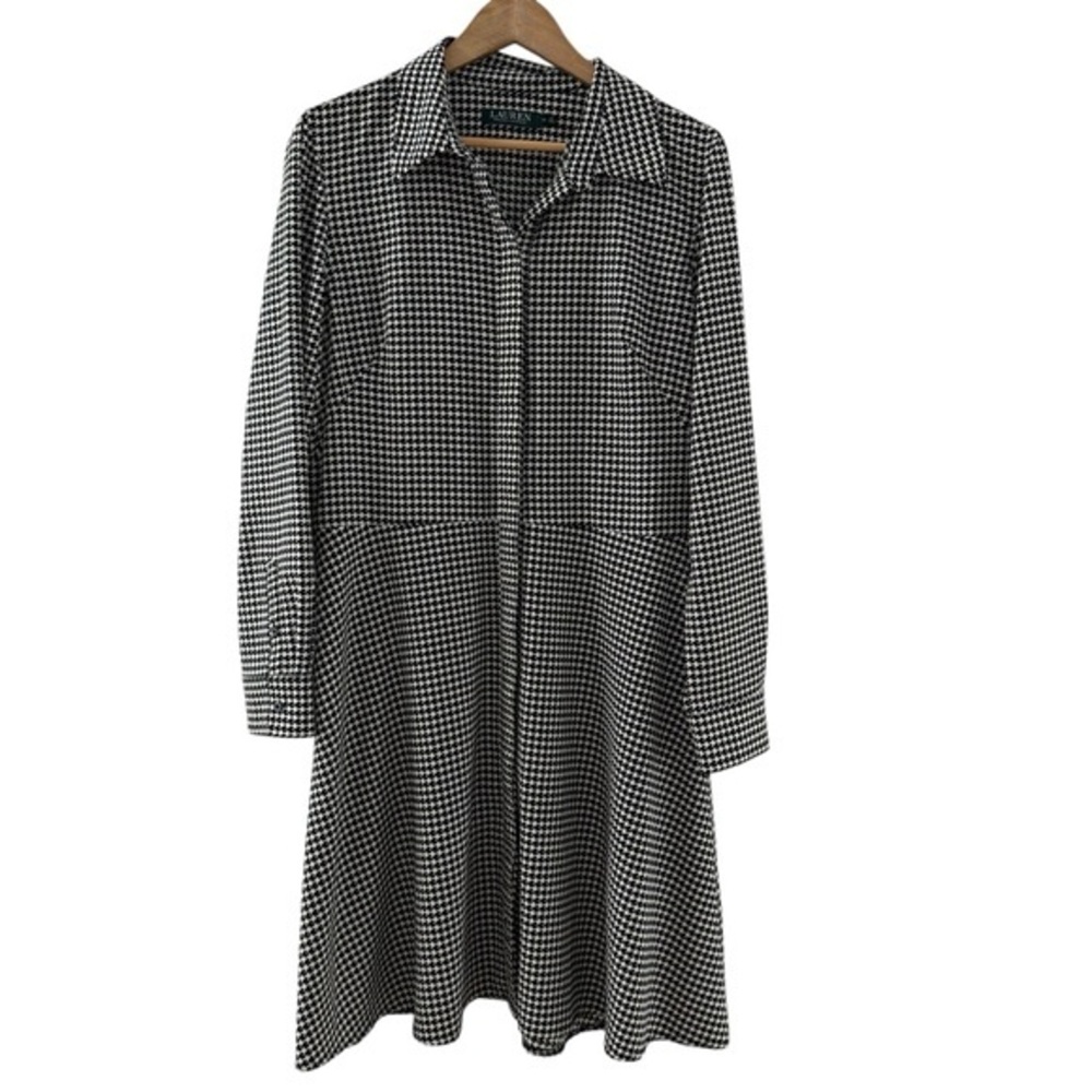 Lauren Ralph Lauren Black White Houndstooth Long Sleeve Shirt Dress Size 14